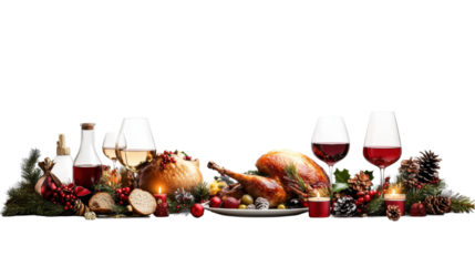 Christmas Feast with Wine and Decorations on Transparent