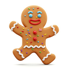 Obraz premium 3D Animated Gingerbread Man Christmas Character on Clean White Background for Festive Holiday Designs