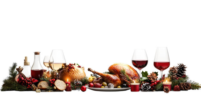 Christmas Feast with Wine and Decorations on Transparent
