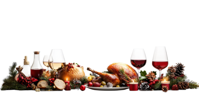 Christmas Feast with Wine and Decorations on Transparent