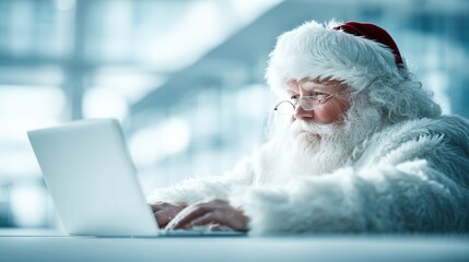 Santa Claus working on laptop in bright modern office symbolizing digital transformation productivity festive work balance and technology driven holiday