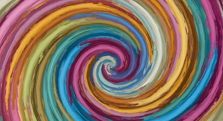 Abstract swirl of paint brush strokes forming a circular pattern, multiple colors radiating from center, textured and artistic background.