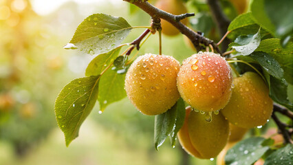 Apricots tree with water drop in garden, Apricot tree in natural warm background