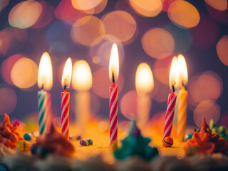 Festive birthday cake adorned with brightly lit candles and bokeh background