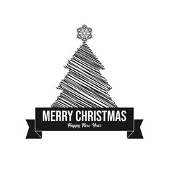 Merry Christmas and happy new year with tree line art illustration