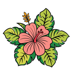 Vibrant pink hibiscus flower with lush green leaves, evoking tropical paradise and summer joy.
