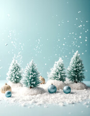 Elegant, minimalist winter background with flocked mini trees & pastel blue/gold baubles in snow. Falling snow on a soft blue backdrop with copy space.
