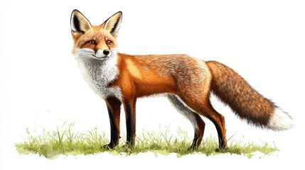 Fototapeta premium Red fox standing in grass, wildlife illustration, nature background, for print
