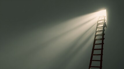 Wooden ladder reaching toward bright opening with dramatic light beams in dark room symbolizing hope ambition opportunity and journey toward success