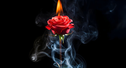 A dramatic close up of a red rose with a flame emerging from its center surrounded by swirling smoke