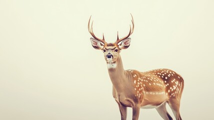 Fototapeta premium Majestic deer, foggy field, staring, nature, wildlife, calm, poster