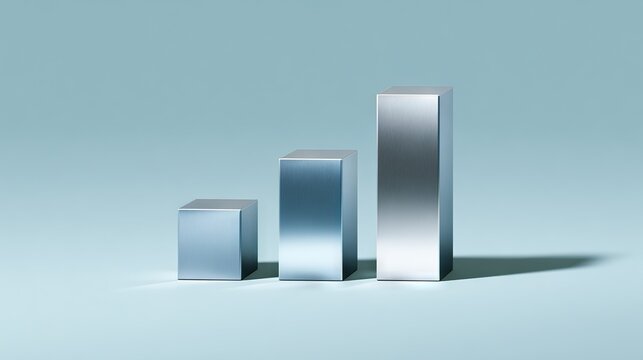 Minimal metallic bar chart on pastel blue background symbolizing progress, growth, and performance improvement in clean modern business visualization