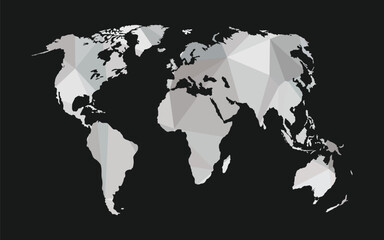 Polygonal geometric world map design on black background, vector illustration.