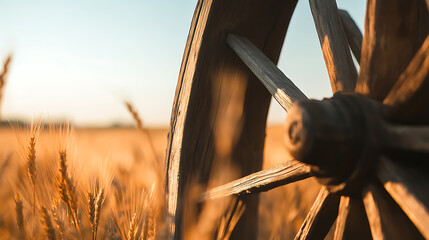 Weathered wooden wheel in a golden wheat field, evoking rustic charm and timeless harvest imagery. Sunlight adds warmth.