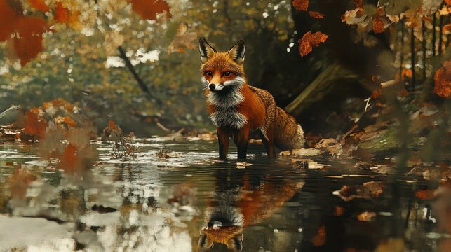 Red fox standing in autumn stream, forest background, wildlife poster