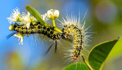 Fototapeta premium Two fuzzy caterpillars on a branch with flowers