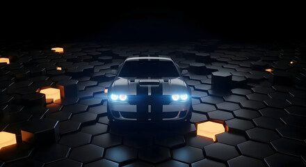 A white car with black stripes on a hexagonal surface with orange glowing lights in a dark background