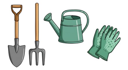 Gardening Tools with Watering Can and Gloves