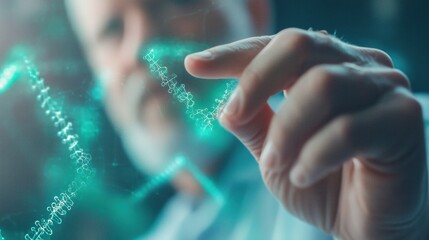 Mature caucasian male scientist interacting with futuristic dna interface