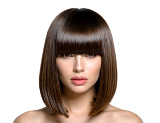 Portrait of young woman with straight brown hair and bangs on transparent background, close-up headshot.