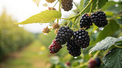 Blackberries tree in garden, Blackberry tree in natural warm sunlight background