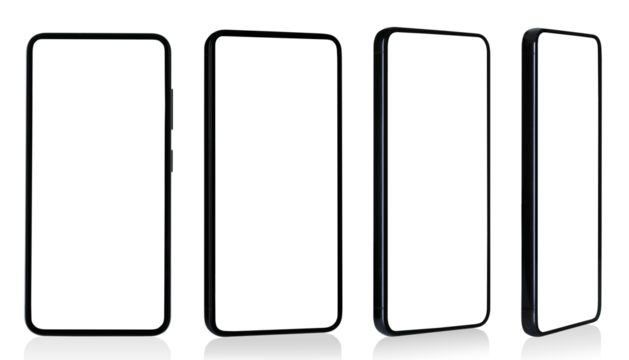 Set of smartphone images in different angles isolated on transparent background