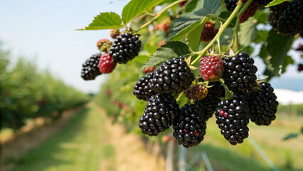 Blackberries on tree in garden, Blackberry hanging tree in natural warm sunlight background