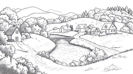 Rural village river landscape sketch, book illustration