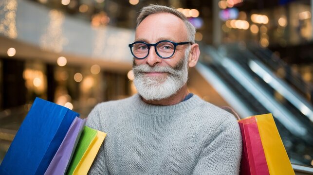 Smiling middle-aged Caucasian man enjoying Christmas shopping with colorful bags in a festive mall - Powered by Adobe