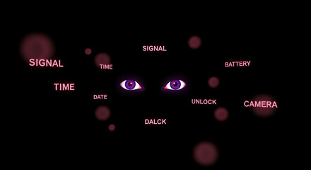 A digital illustration featuring purple eyes amidst floating text on a dark background with bokeh effects