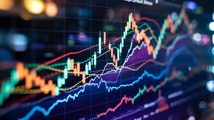 Stock market chart with rising and falling lines on a dark background