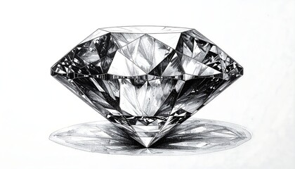 Detailed monochrome sketch of a brilliant-cut gemstone with facets and shadow