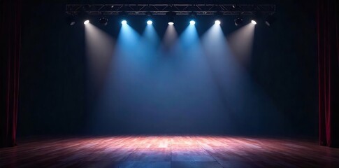 Dramatic Stage Spotlights Illuminate Dark Theater, Ready for Performance. Powerful Beams Create Stunning Light and Shadow Effects, Ideal for Theatrical Productions.