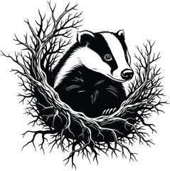 Black and White Badger Portrait Encased in Intricate Tree Roots and Branches animal wildlife © saju