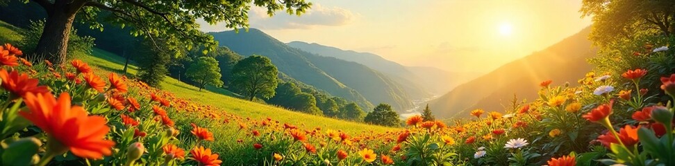 Sun-Drenched Summer Landscape Lush Greenery, Vibrant Flowers, Bright Sunlight