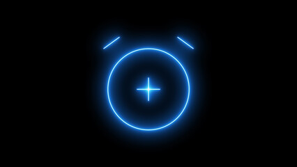 Blue neon outline alarm clock icon with a vibrant glowing plus sign symbol inside, representing time management, adding events, or setting reminders, isolated on black background
