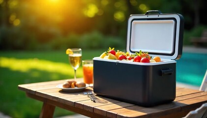 Sleek Modern Electric Cooler on Patio Table, Ready for a Picnic Perfect for Outdoor Entertaining and Keeping Food & Drinks Ice Cold on a Hot Summer Day