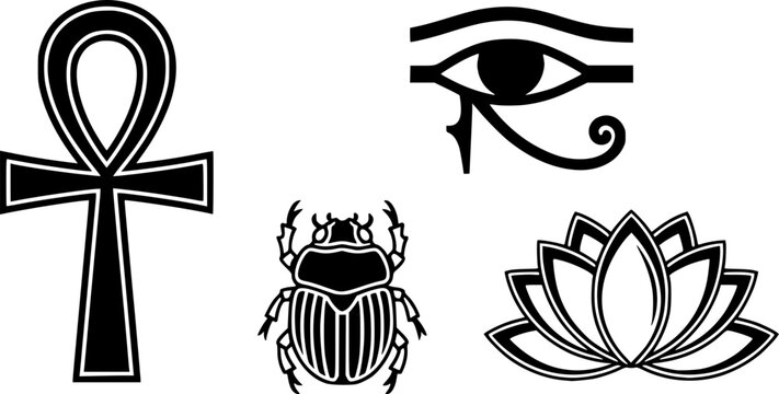 Black and white egyptian symbols featuring ankh eye of horus beetle and lotus flower
