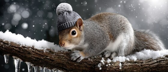Obraz premium Squirrel wearing a knitted hat rests on a snowy branch during a winter scene with sparkling snowflakes in the background