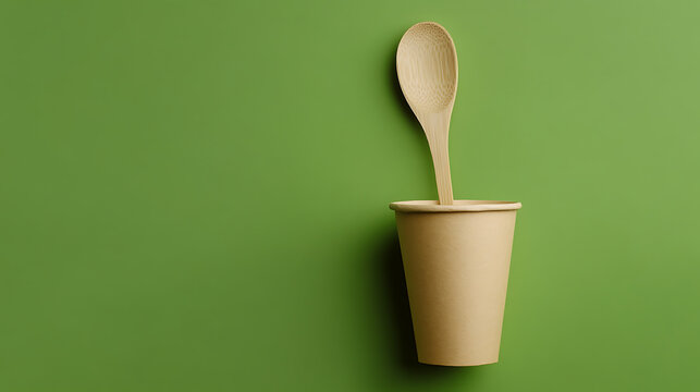 Eco-friendly disposable cup with wooden spoon against a solid green backdrop, emphasizing sustainability and minimalism in a conscious design choice.
