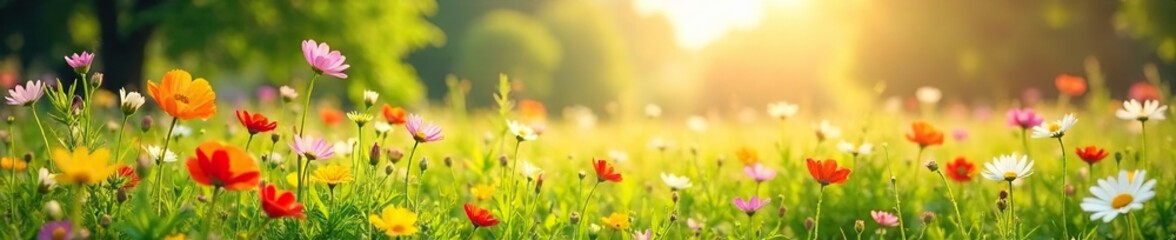 Vibrant Wildflowers in Full Bloom A Sun-Drenched Spring Meadow, Idyllic Rural Scene, Tranquil Nature Photography Perfect for Spring Backgrounds and Nature Projects