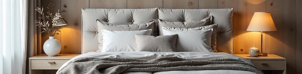 Luxurious Grey and Beige Plush Headboard Bedroom Serene Modern Design for Relaxing Sleep