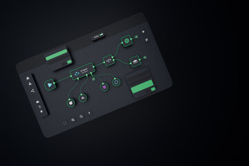 AI workflow automation artificial intelligence software interface nodes triggers data tool dashboard coding icon flow process technology 3d rendering.