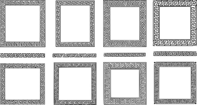 Greek Key seamless borders. Traditional meander patterns. Collection of ancient roman style frames. 