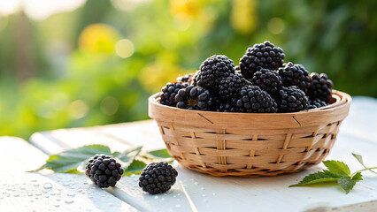 Blackberry in wicker basket with water drop on white surface in natural warm background