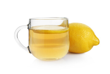 Aromatic tea in cup with fresh lemon isolated on white