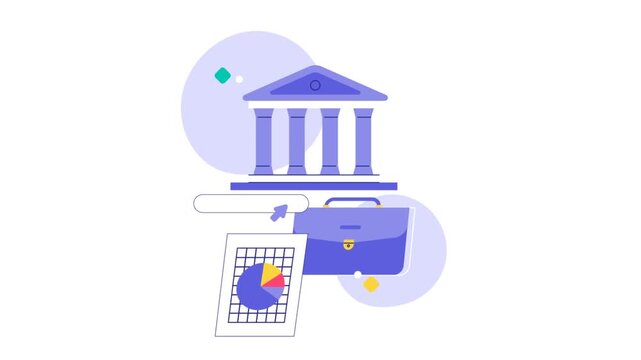 Business And Finance Concept With Bank Building, Briefcase, Pie Chart, And Documents Illustration