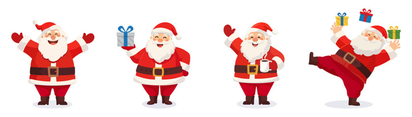A set of flat vector Christmas illustrations. Cute Santa Clauses in different poses