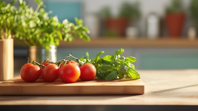 Fresh tomatoes and basil on kitchen counter with sunlight