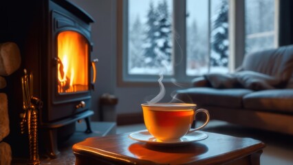 Cozy Winter Evening by the Fireplace with a Steaming Cup of Tea.